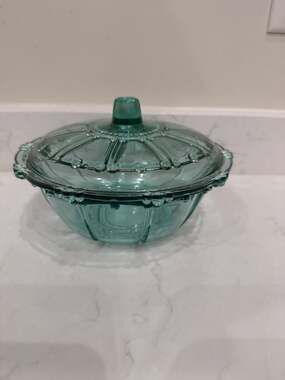 Vintage KIG Indonesia Oyster Pearl Aqua Blue Lidded Glass Candy Dish